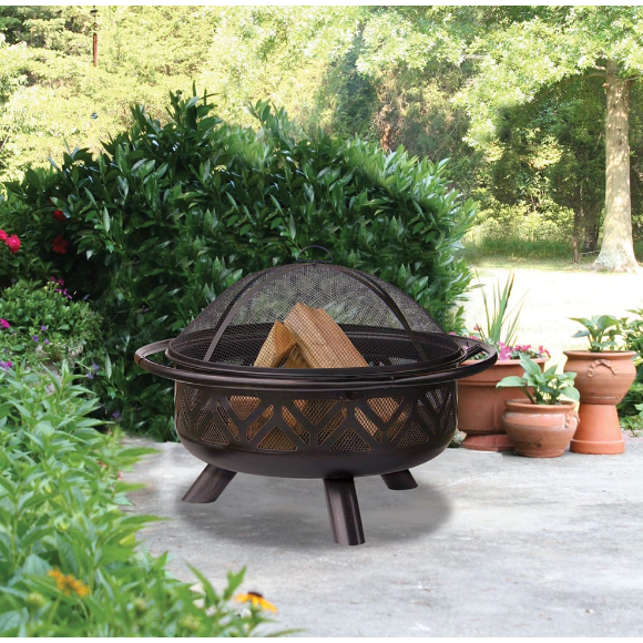 Oil Rubbed Bronzed Wood Burning Outdoor Firebowl With Geometric Designs