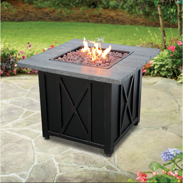 Gas Fire Pit with Weathered Wood Grain Printed Mantel