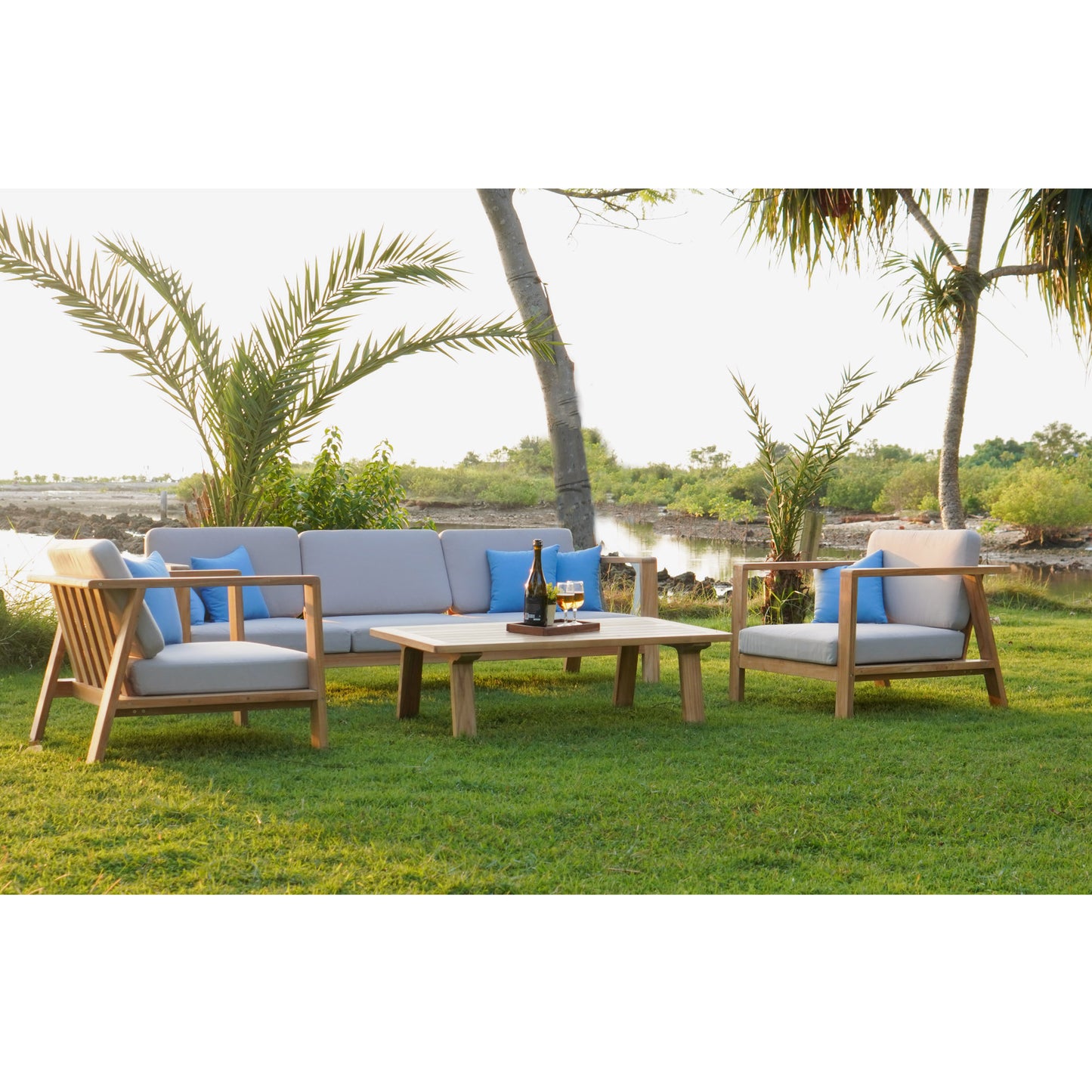 ROSSIO - Nofi 4 Pieces Teak Outdoor Set, Brown Natural Wood