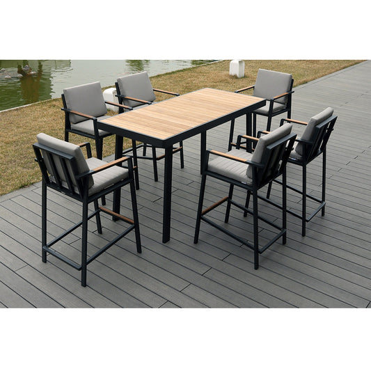 HIGOLD Nofi 7 Pieces Teak Aluminum Outdoor Pub Set Charcoal Black