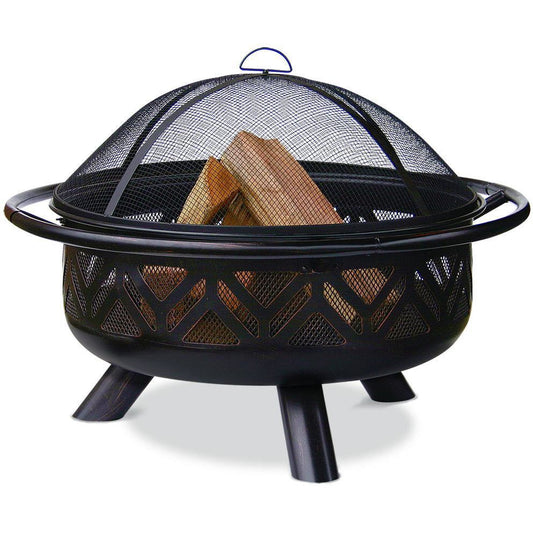 Outback Livings | Oil rubbed Bronzed Wood Burning Firebowl With Geometric Designs. Easy lift spark guard