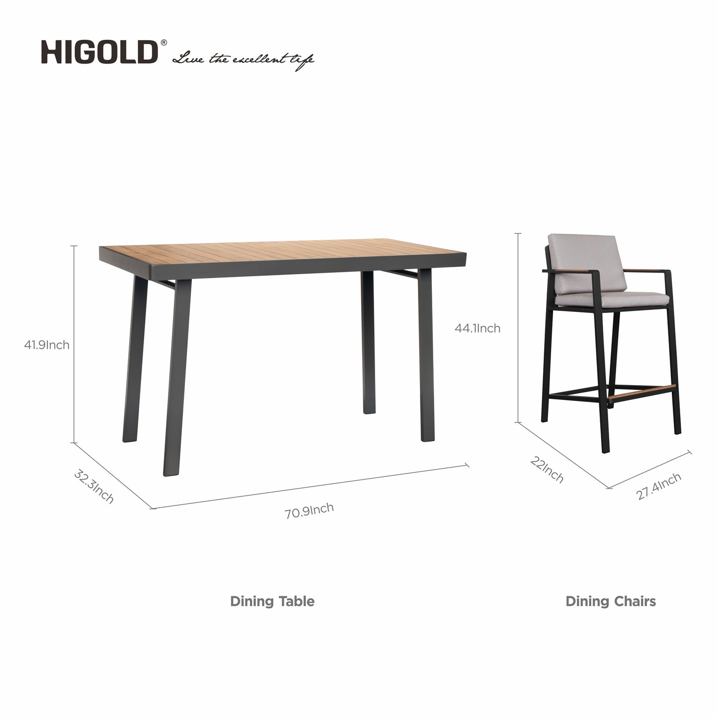 HIGOLD Nofi 7 Pieces Teak Aluminum Outdoor Pub Set Charcoal Black