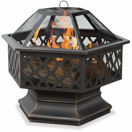 Outback Livings |  Oil Rubbed Bronze Wood Burning Firebowl with Lattice Design. Spark guard included for safety