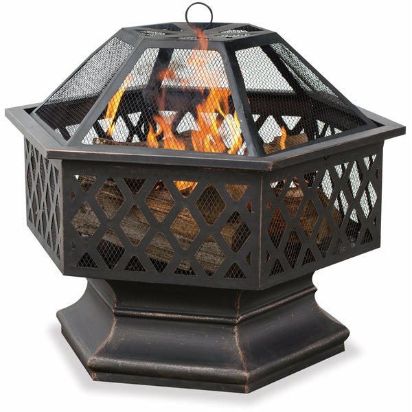 Outback Livings |  Oil Rubbed Bronze Wood Burning Firebowl with Lattice Design. Spark guard included for safety