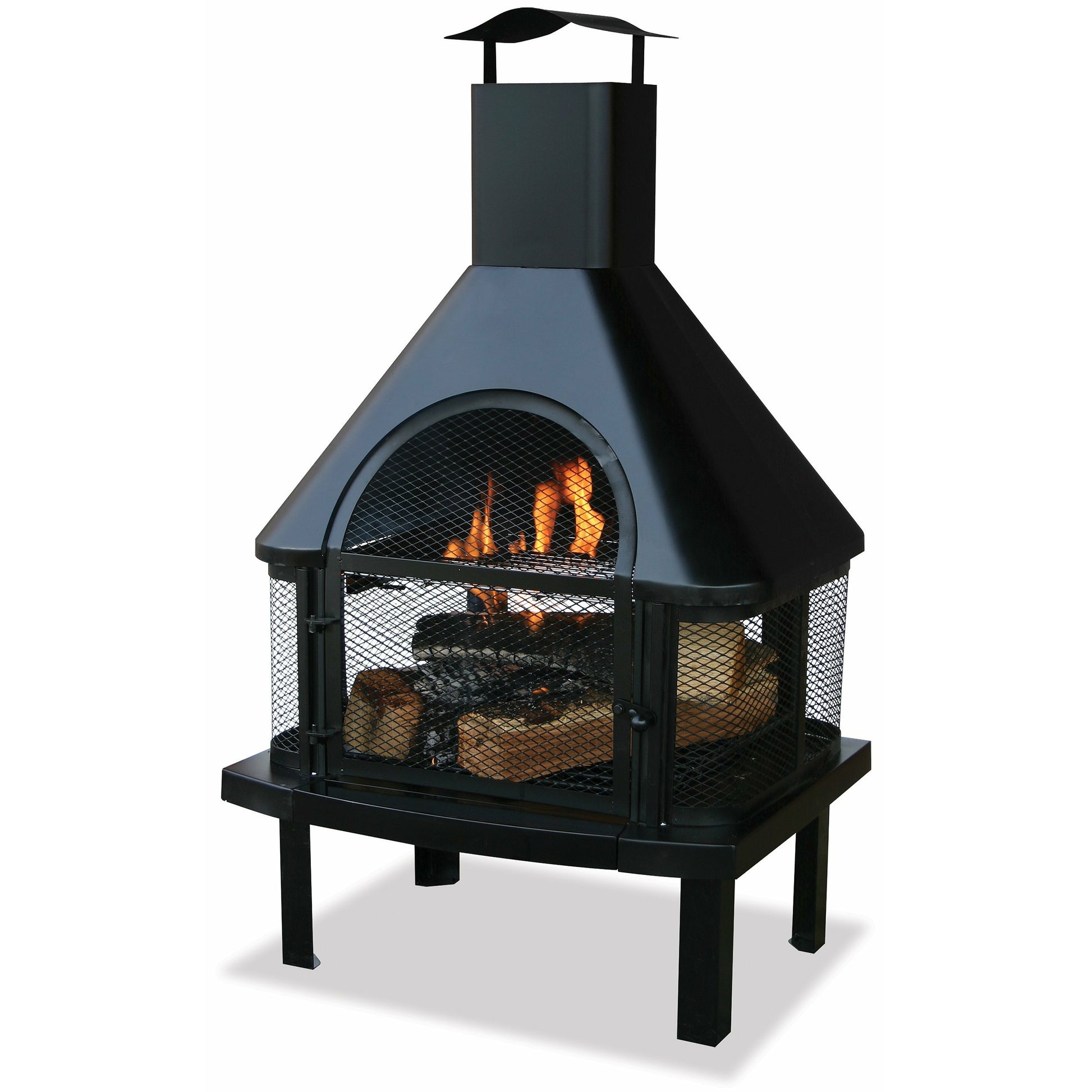 Outback Livings |  Black Wood Burning Firehouse for outdoors. enclosed to protect from flying sparks